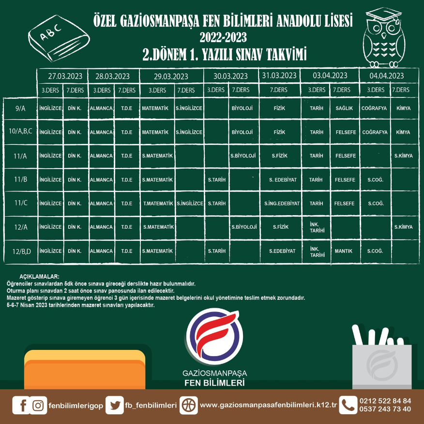 2022-2023 EÖ Yılı 2.Dönem 1. Yazılı Sınav Takvimi