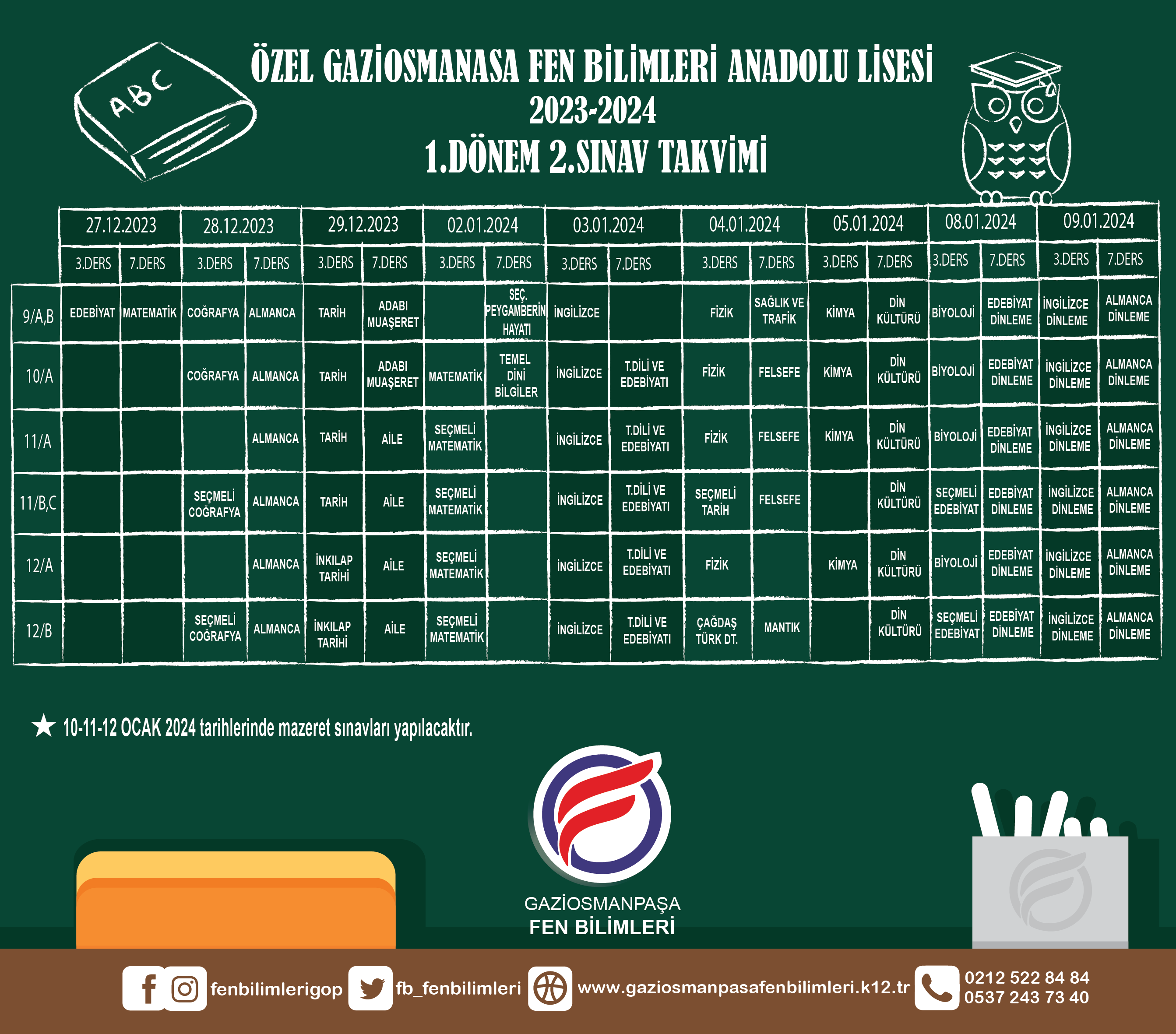 Gaziosmanpaşa Fen Bilimleri Anadolu Lisesi 1.Dönem 2. Sınav Takvimi